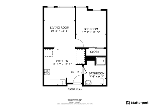 Floor plan for 1 bed, 1 bath, 529 sqft